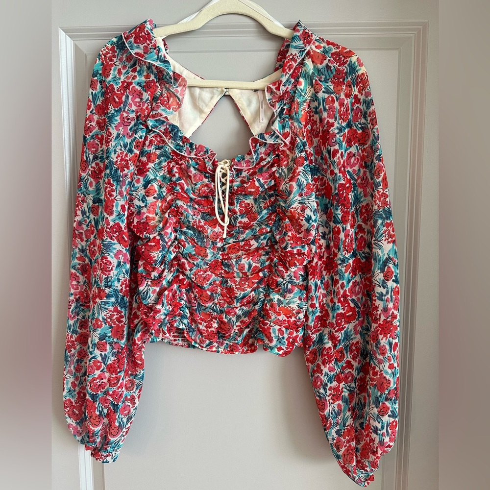 Free People Floral Ruched Top with Wide Sleeves